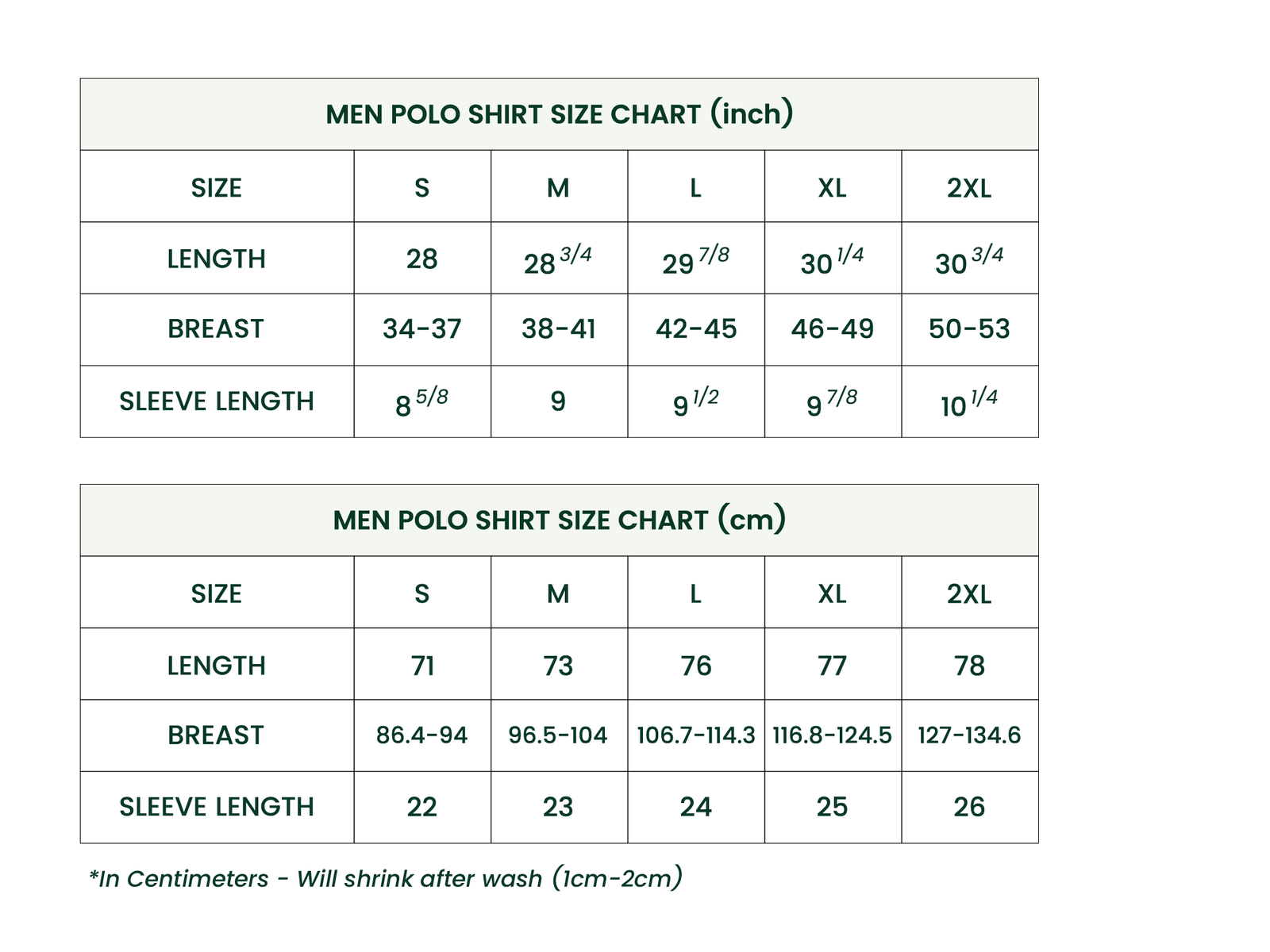 Men Polo Shirt Size Chart