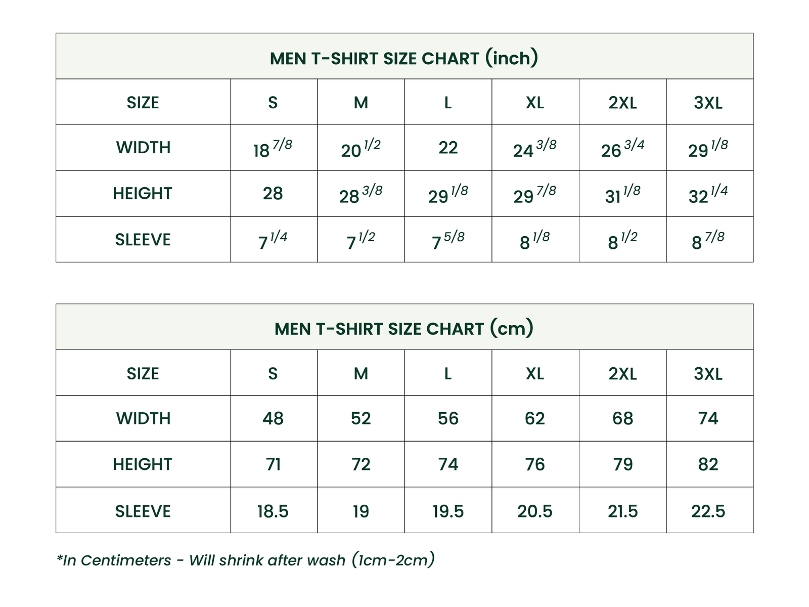 Men T-shirt Dimension Size Chart