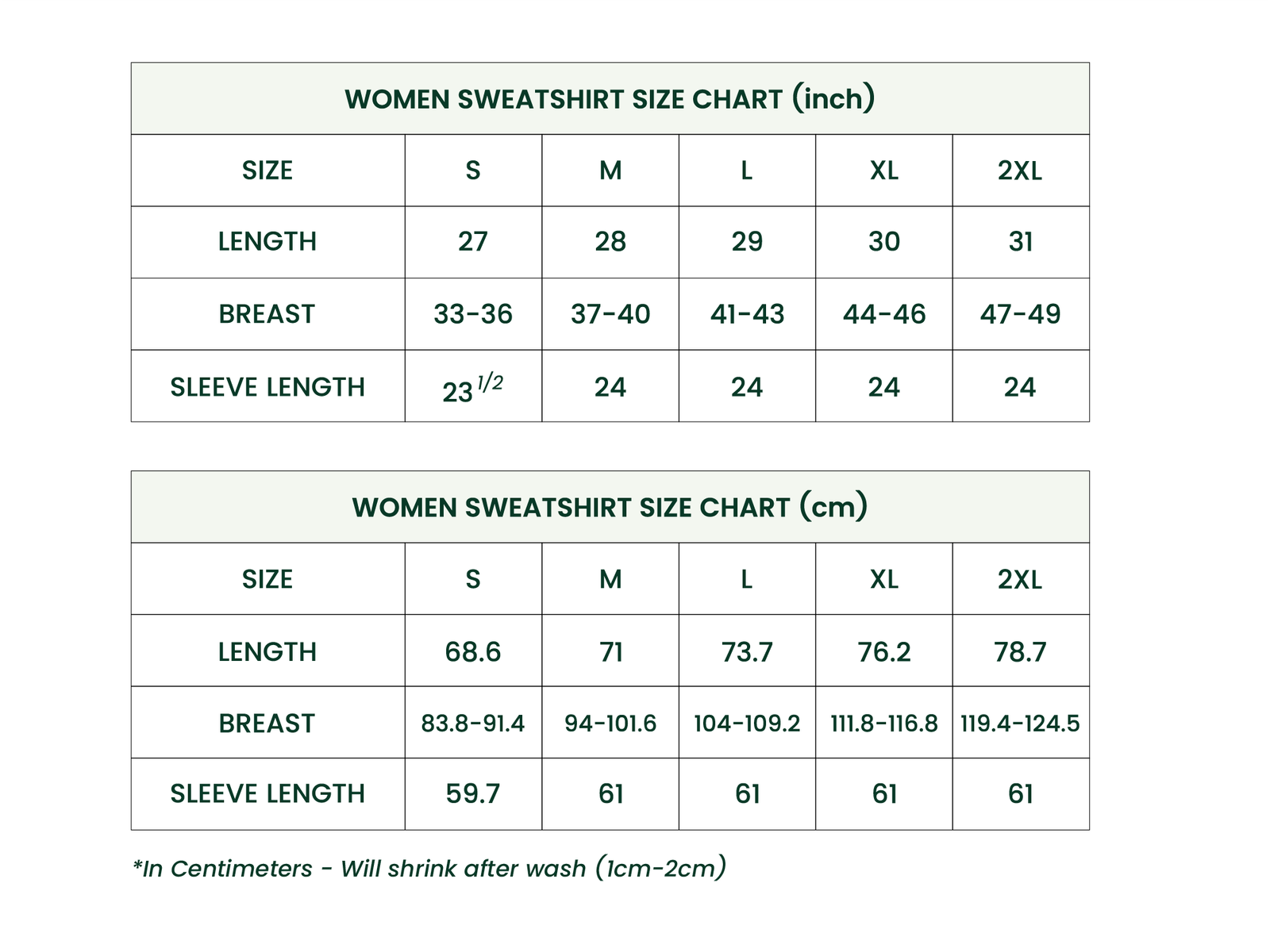 Women Sweatshirt measure