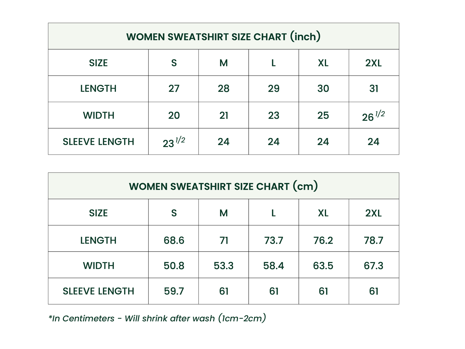 Women Sweatshirt size chat